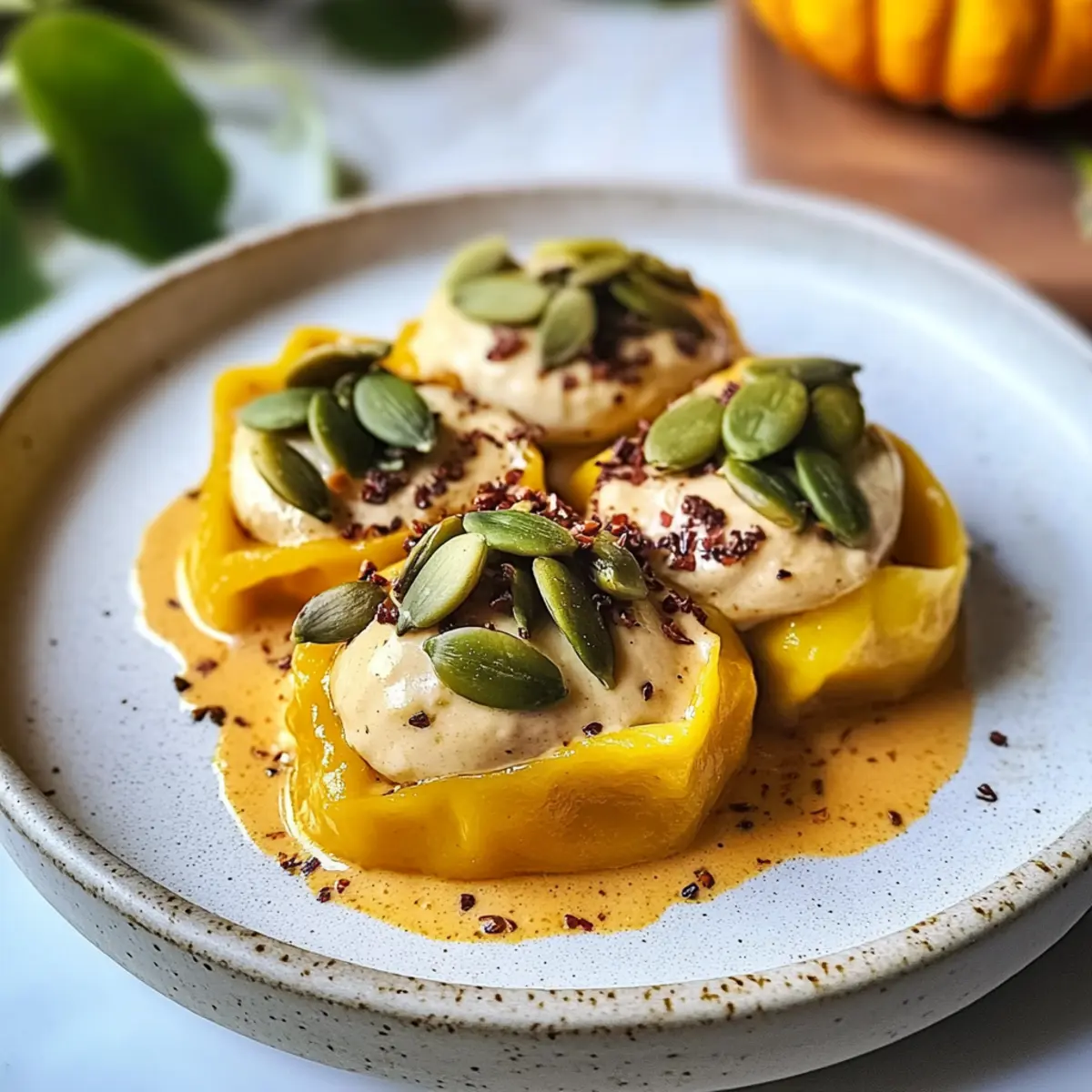 Vegane KA¼rbisknA¶del auf Miso Tofu Creme genieAen o6trdz